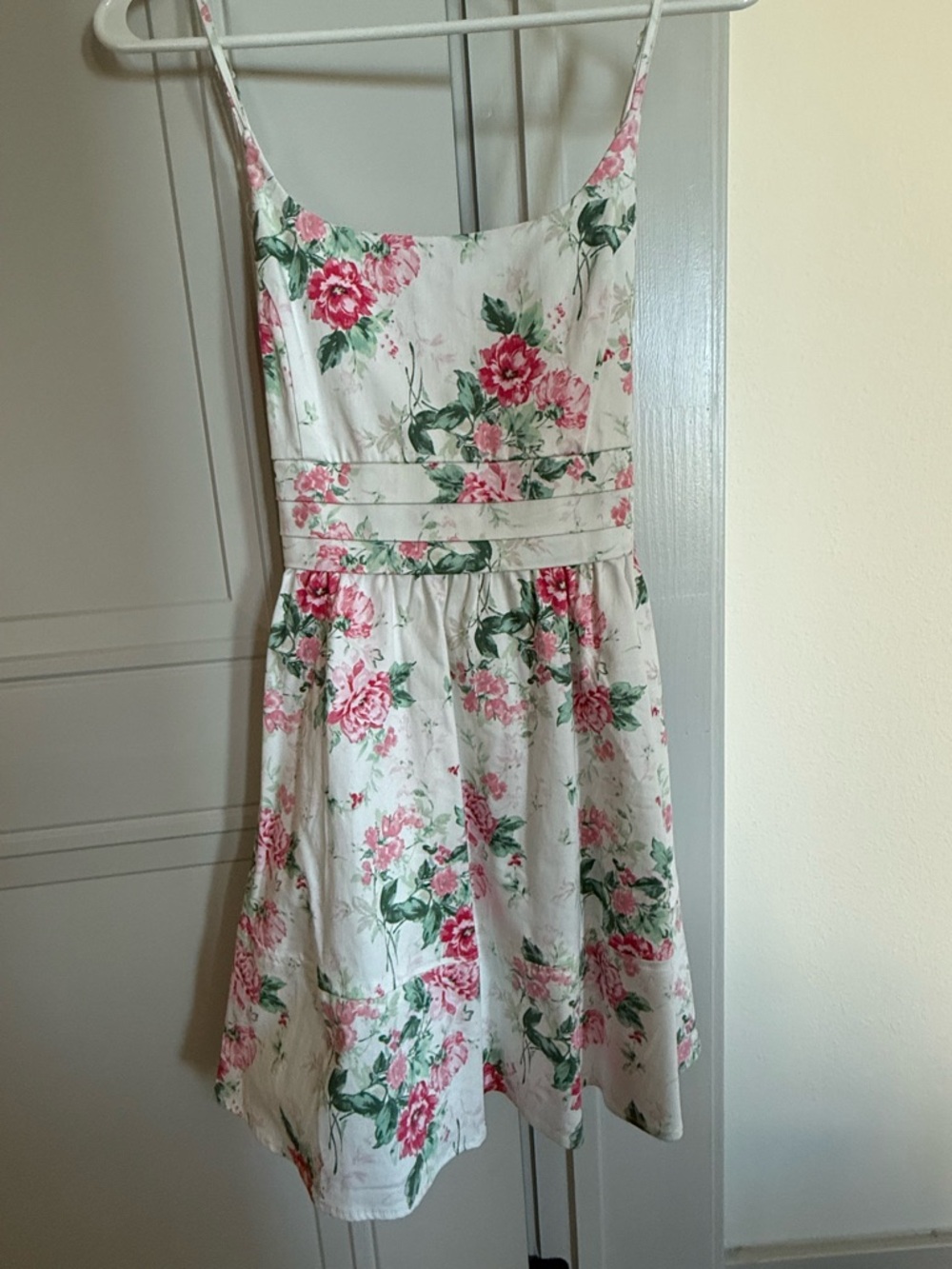 White Floral Spaghetti Strap Sundress with Pink Roses